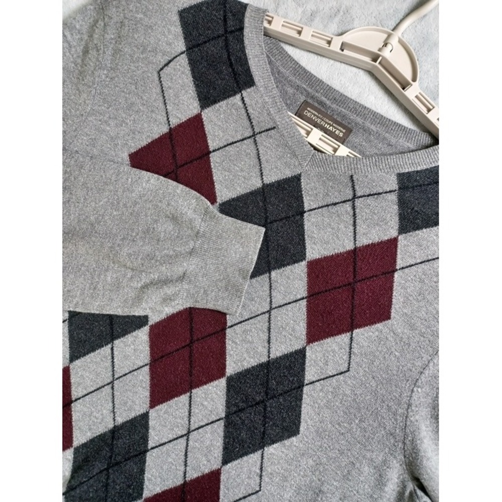 Denver Hayes Argyle Sweater Mens M Grey Merino Wool Blend V-Neck Preppy Academia